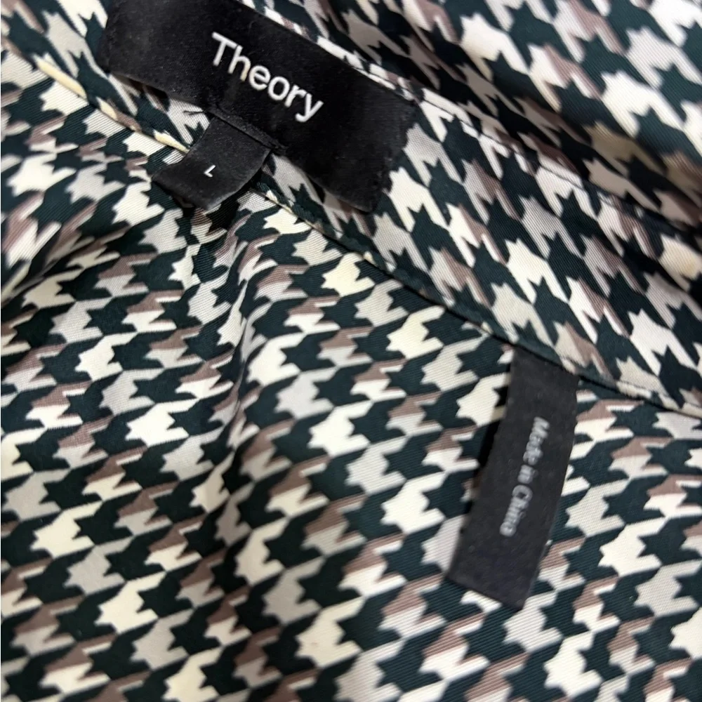 THEORY Houndstooth Button Up Blouse Deep Green White Grey Classic Minimalist - Picture 6 of 7